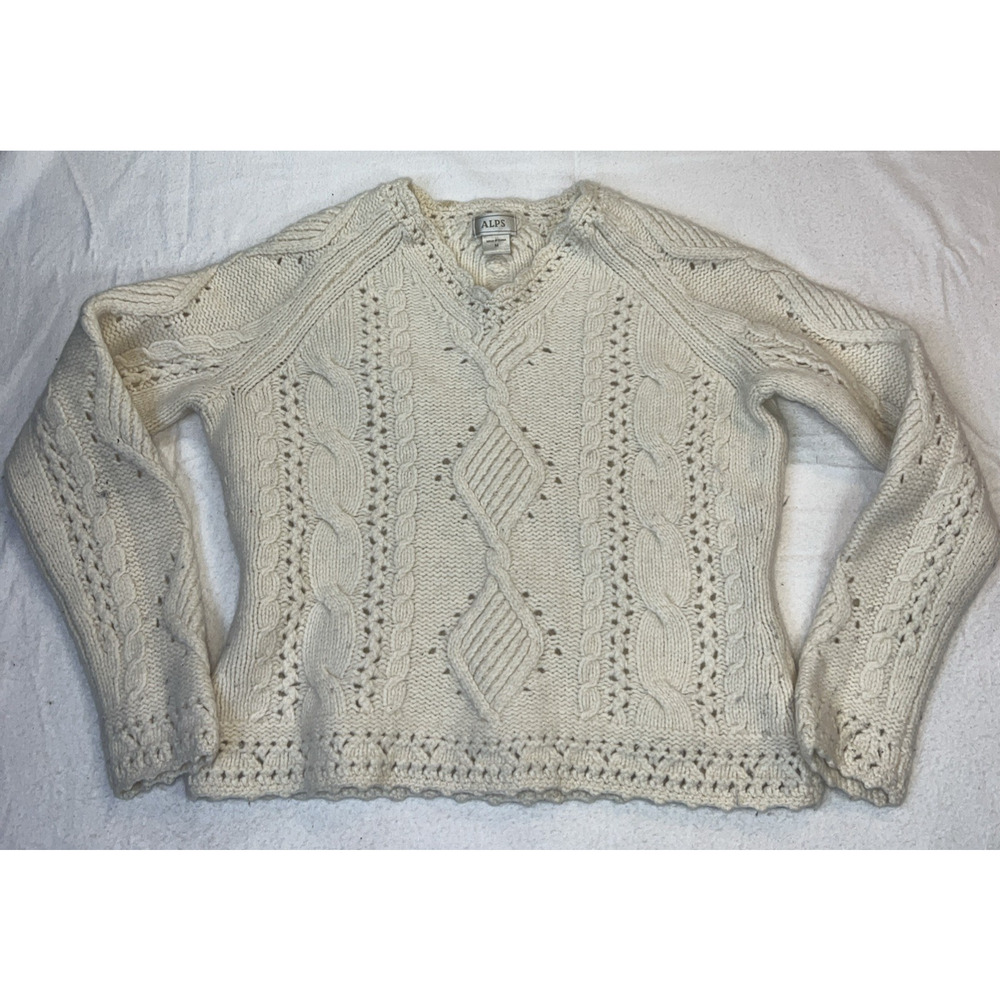 ALP Vintage Cable Knit Cream Ivory Wool Angora Blend Womens Sweater Small V-neck